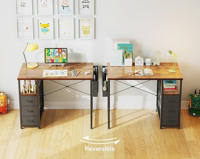 AODK 32" Small Computer Desk with Fabric Drawers, Kids Girls Teen Study Writing Desk for Bedroom, Home Office Desk with Storage Shelf & Bag for Small Space, Vintage