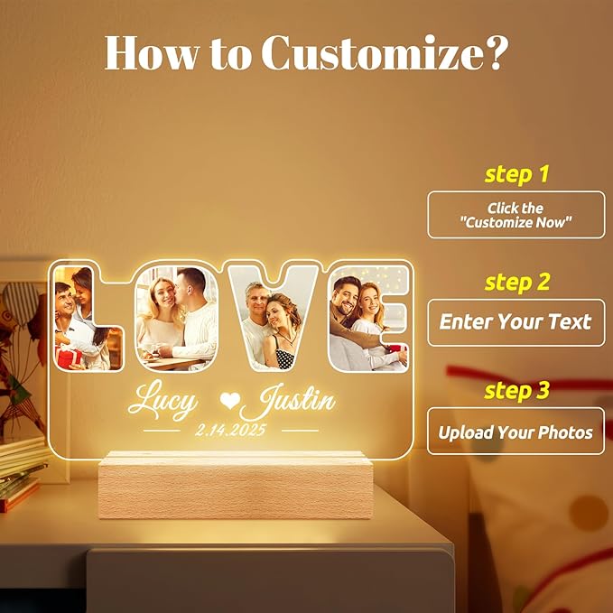 Custom Picture Frames with Photo, Personalized Photo Frame with Night Light, Customized Picture Frame, Personalized Anniversary Couple Gifts for Women Men Her Him Girlfriend Boyfriend