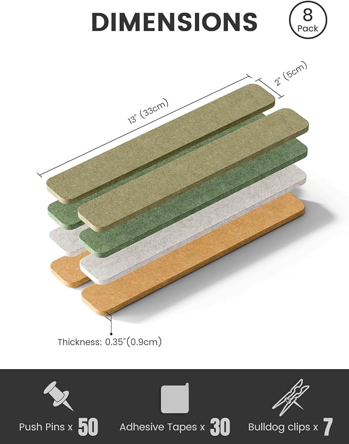 Cork Board Alternative Felt Strip Board 8-Pack 13"x2", Office Pin Board with 50 Push Pins, Adhesive Install for Bedroom Door & Home Office(Olive Grove)