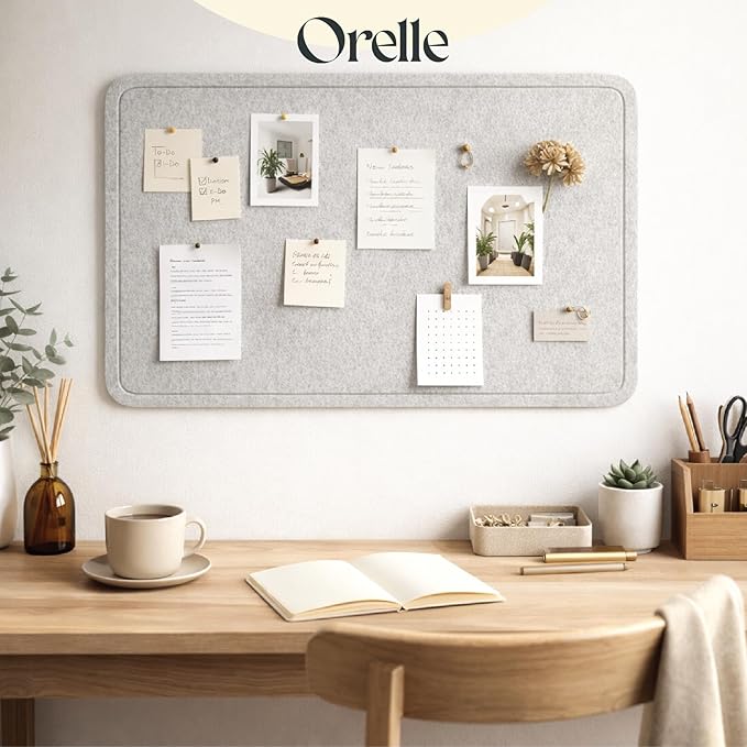 Orelle Felt Bulletin Board | 35 x 23” | Foldable Peel and Stick Felt Board for Wall | Alternative Cork Board for Office, Message Board, Kids Art Display | Heather Gray