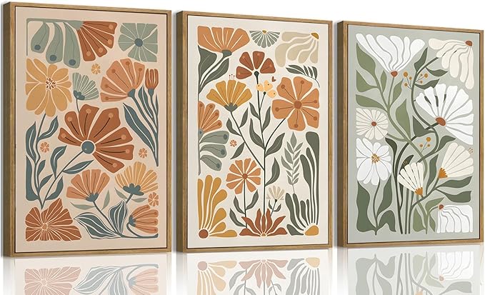 KISSFOX Framed Canvas Wall Art Abstract Floral Botanical Print Set of 3 Green Beige Wildflower Flower Market Paintings Boho Modern Minimalist Pictures Decor Bedroom Bathroom Living Room