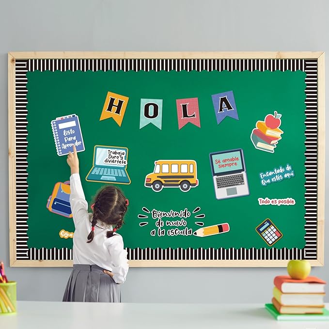 55 Pcs Spanish Back to School Classroom Bulletin Board Sets Colorful Pencil Notebook Schoolbag Paper Cutouts First Day of Bulletin Board Decor for School Chalkboard Wall Door Decor Supplies