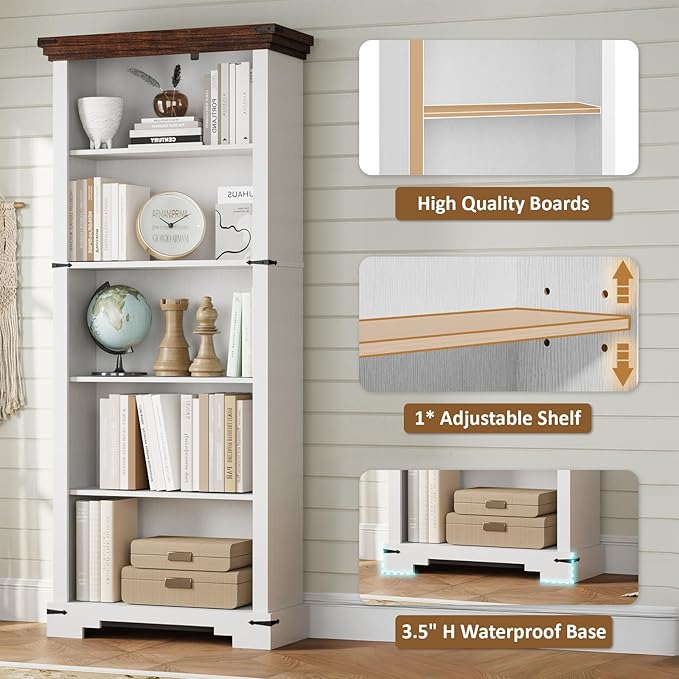 5-Tier Farmhouse Bookshelf, 61.1 inch Tall Bookcase with Storage & Unique Design & One Adjustable Shelf, Wooden Bookshelf for Study Room, Living Room, Home Office, Bedroom (White)
