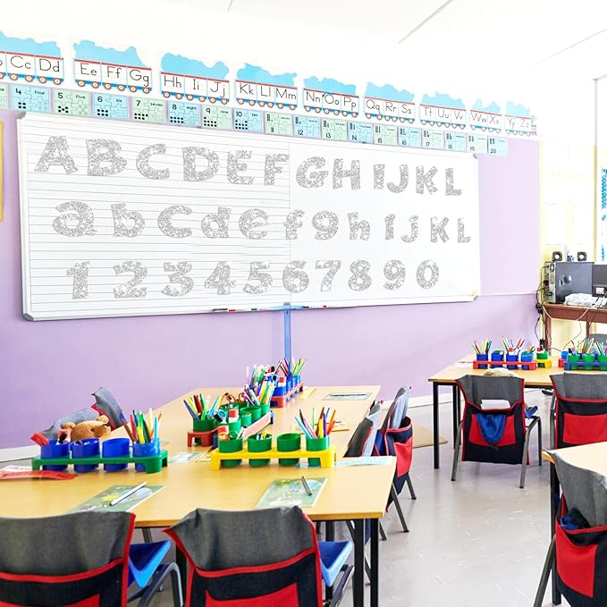 Colarr 216 Pcs Glitter Bulletin Board Letters for Classroom Number Alphabet Punctuation Symbol Cutout 4'' Die-Cut Poster Letter with Adhesive Dot School Party Holiday Decor Display(Silver)