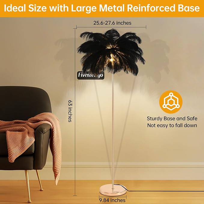 Feather Floor Lamp for Living Room, Fluffy Ostrich Feathers Lamp, Rose Gold Color Body, 3 Color Temperatures Modern Funky Arc Tall Standing Lamp for Bedroom Inclued Bright LED Bulbs (Black)
