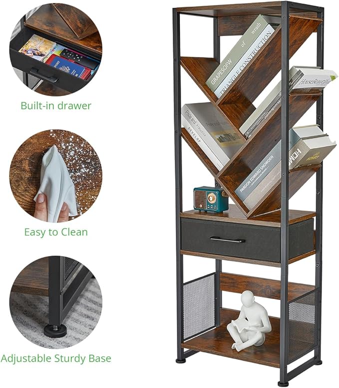 Bookshelf with Drawer,8 Tier Tree Bookcase Retro Floor Standing Bookshelves,Tall Wood Bookcases with Cabinet Storage Organizer for Living Room, Bedroom & Home Office, Classic