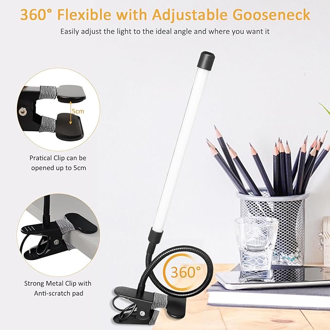 LED Clip on Light 8W Reading Lights for Books in Bed, Adjustable 3 Modes 10 Brightness Dimmable Clamp Lamp, Flexible Book Light Clip on for Bed Workbench Drafting, 580LM, USB Adapter Included