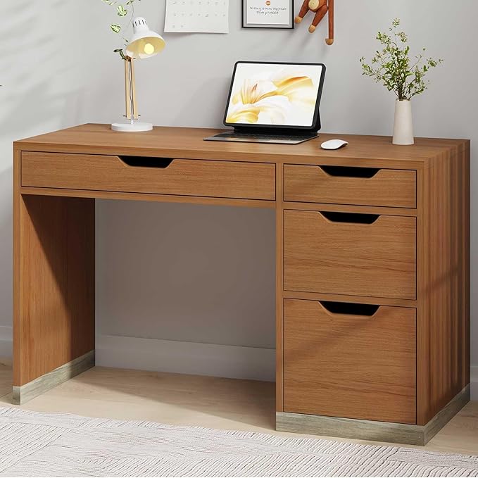 48 Inch Small Desk with 4 Drawers, Computer Desk with Storage File Drawer for Bedroom, Home Office Desk with Storage for Small Space, Brown