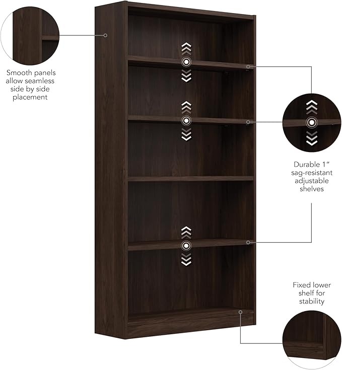 Bush Home Universal Tall 5 Shelf Bookcase in Black Walnut, Vertical Storage and Display Bookshelf for Home Office or Living Room Organization