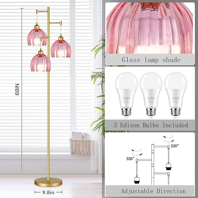 Dimmable Floor Lamps for Living Room-3 Light Gold Vintage Floor Lamp with Glass Lampshape & Three Bulbs,Modern Mid Century Standing Lamp Green Flower Tall Tree Floor Lamp for Bedroom Corner