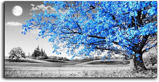 large wall art for living room Blue moon tree landscape Abstract painting office bedroom Wall Decor 30" x 60" single Pieces Canvas Prints Ready to Hang for Home Decoration Black and white Works of art