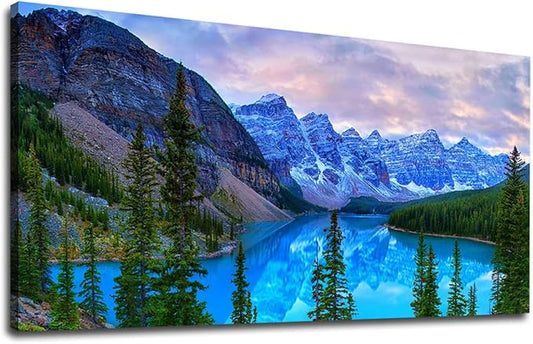 Mountain Lake Wall Art Living Room Wall Decor Banff National Park Nature Landscape Canvas Picture Blue Sky Water Forest Canvas Print Artwork for Bedroom Office Home Framed Ready to Hang 20" x 40"