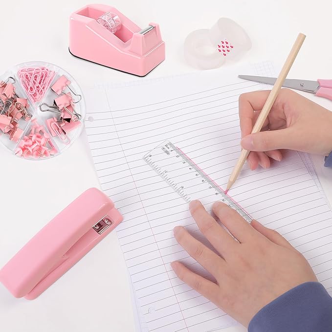 Office Accessories, 10Pcs, 360-Degree Rotating Pen Holder, Office Supplies Include Stapler, Tape, Tape Holder, Scissors, Ruler, Staple Remover, 1 Box of Staples, Paper Clips Kit for Office School