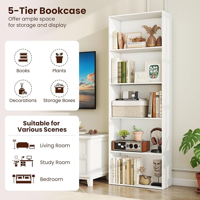Giantex 5-Tier Bookshelf, Freestanding Tall Bookcase with 5 Open Compartments, Modern Storage Organizer, Display Shelving Unit for Living Room, Bedroom, Home Office, White