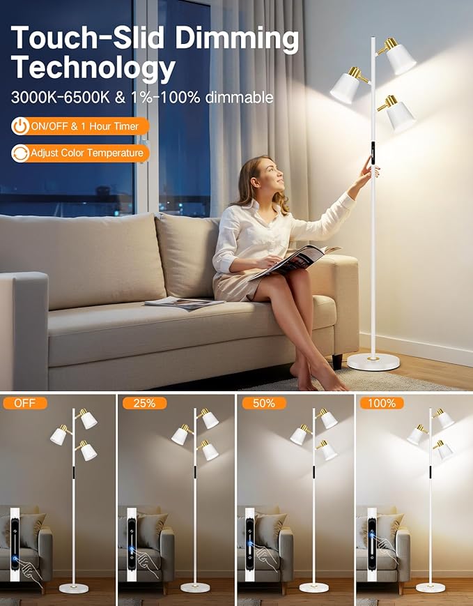 OUTON Tree Floor Lamp, LED Dimmable Floor Lamp with Remote and Touch Slide Control, 4 Color Temperatures, 3 Rotatable Lights, Modern Standing Lamp for Living Room Bedroom Office,White & Gold