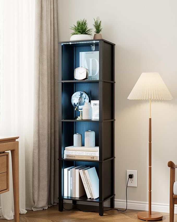 Bookshelf with LED Lights, Modern 4-Tier Bookcase, Open Storage Book Shelf, 11 × 14.2 × 50.4 Inches, Small Narrow Bookshelves for Living Room, Home Office, Bedroom, Black