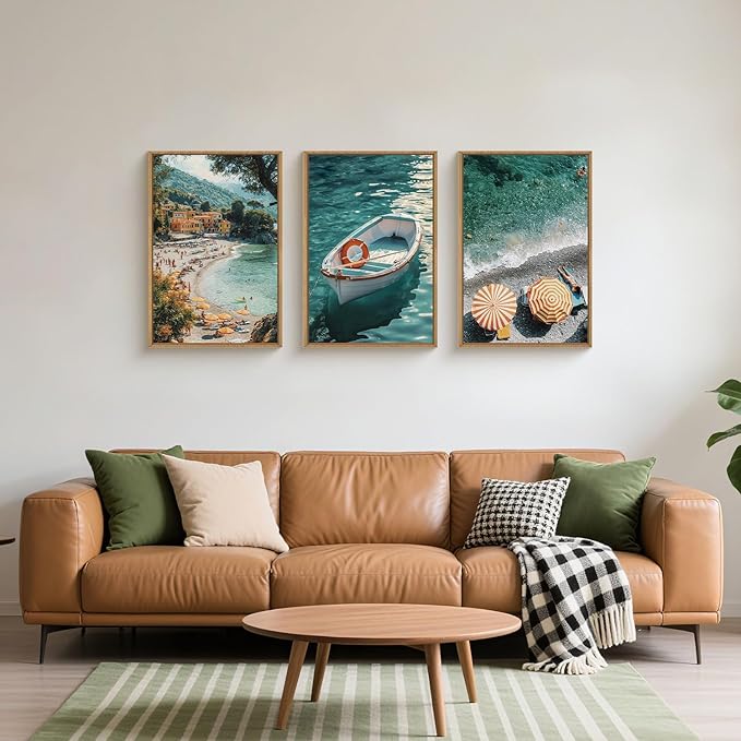 Aryroi Italy Spring Coastal Seascape Framed Canvas Wall Art Set,Mediterranean Amalfi Italian Blue Green Seaside Beach Decor,Natural Foreign Travel City Summer Artwork for Living Room,Farmhouse- 16"x24"x3