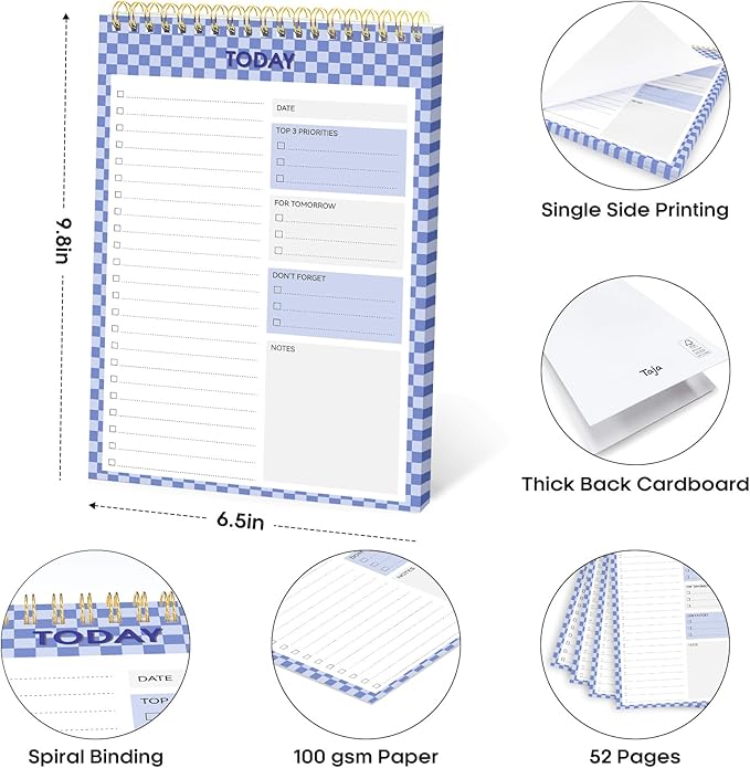 Taja To Do List Notepad - To Do List Notebook for Work with 52 Sheets, 9.8" x 6.5", Undated Daily Planner Perfect for Daily Tasks and Goal Setting, Notepad Suitable for Office, Home & School - Indigo Checkered