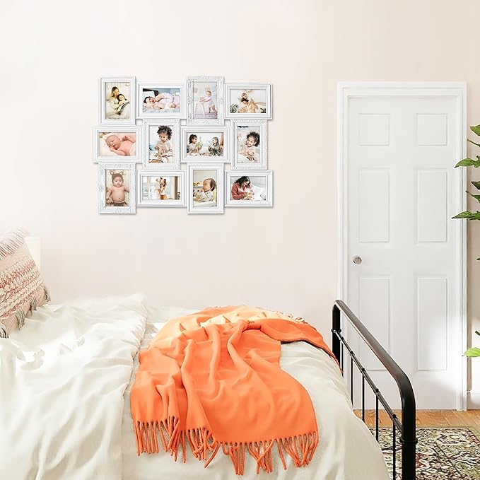 HELLO LAURA - Photo Collage Frames for Wall White Curved Classic European Style 12 Opening 27" x 20.5" Wall Hanging Picture Frame Collage 4" x 6" Photo Sockets x 12 | Gallery Style