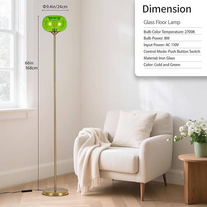 MAYNA Globe Floor Lamp, Emerald Green Round Glass Standing Lamp with Built-in Timer Switch, Gold Tall Vintage Lamps for Living Room Bedroom, 2700K LED Bulb Included