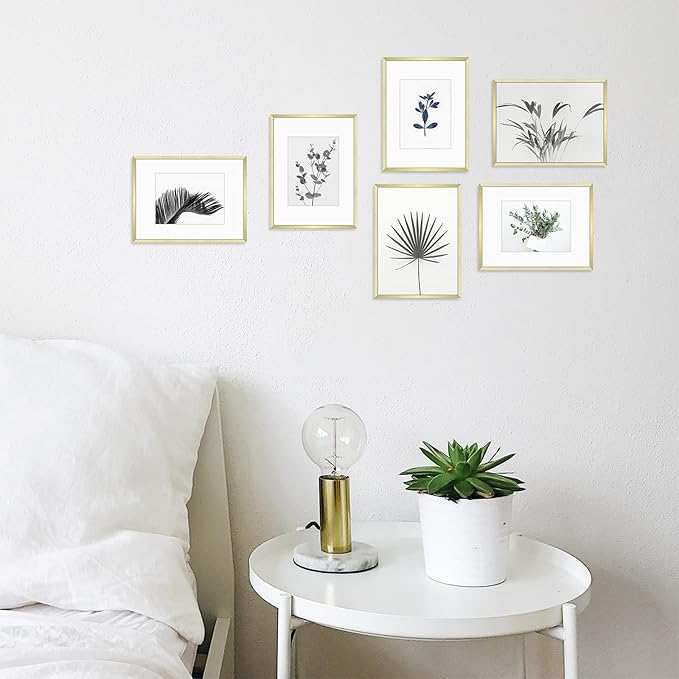 Golden State Art, Gallery Wall Frame Set of 6 - Gold 9x12 Aluminum Photo Frames with Mat for 6x8 Pictures - 9 x 12 inch Metal Frame with Real Glass Cover - Elegant Home or Office Decor