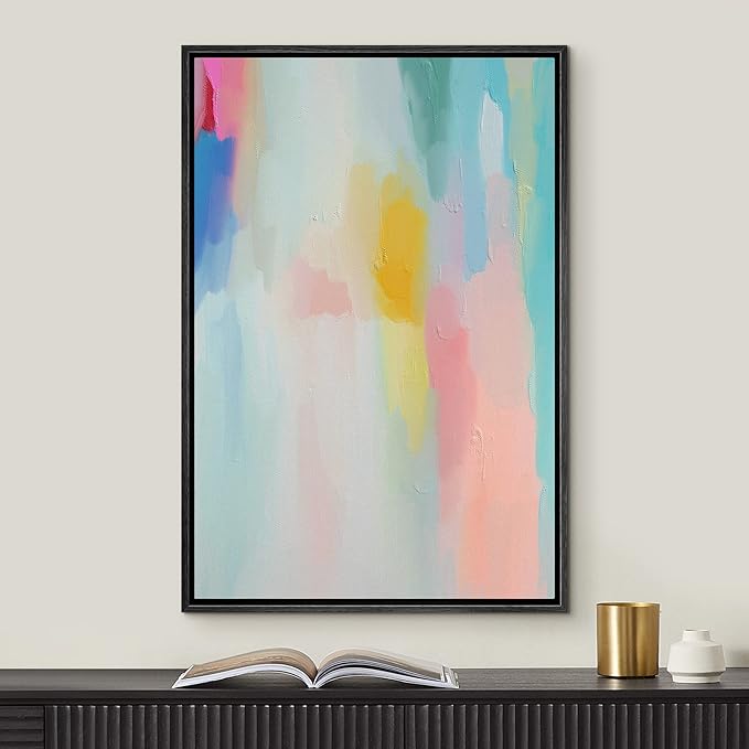 MUDECOR Framed Canvas Print Wall Art Multicolor Pastel Watercolor Collage Abstract Shape Illustrations Modern Art Decorative Bohemian Colorful Chic for Living Room, Bedroom, Office - 16"x24" Black
