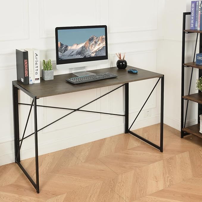 Homy Casa 47.2 Inch Foldable Laptop Desk, Space-Saving Computer Table with No Assembly Required, Sturdy Metal Frame, Minimalist Design for Home Office, Study, or Small Spaces, Vintage Brown