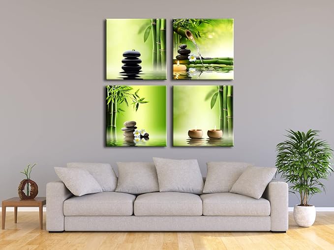 Pyradecor 4 Panel Perfect Bamboo Green Pictures Paintings on Canvas Prints Wall Art Large Modern Gallery Wrapped Zen Artwork for Living Room Bedroom Home Office Decorations 50x50cmx4pcs