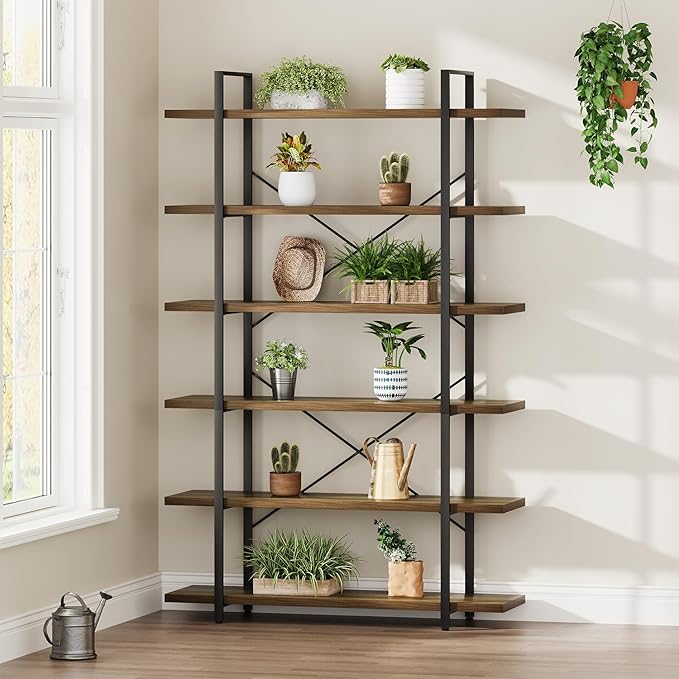 HSH Tall Bookcases and Book Shelves 6 Shelf, Metal Wooden Book Shelf and Storage Rack, Modern Etagere 6 Tier Bookshelf, Farmhouse Large Display Bookshelves for Bedroom Living Room Office, Rustic Oak
