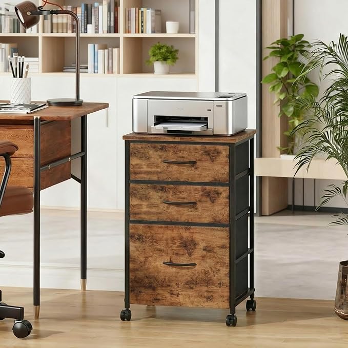 Mobile File Cabinet with Fabric Drawer,Rustic Brown File Cabinets for Home Office, Rolling Printer Stand with Storage, Filing Cabinet fits A4 or Letter Size for Home Office