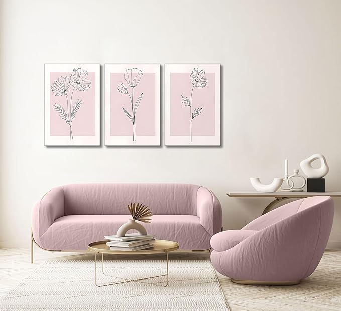 3 Pieces Minimalism Botanical Canvas Wall Art Pink Flowers Line Plants Pictures Wall Decor Posters Print Artwork for Girls' Room Living Room Bedroom Bathroom Office Home Decoration