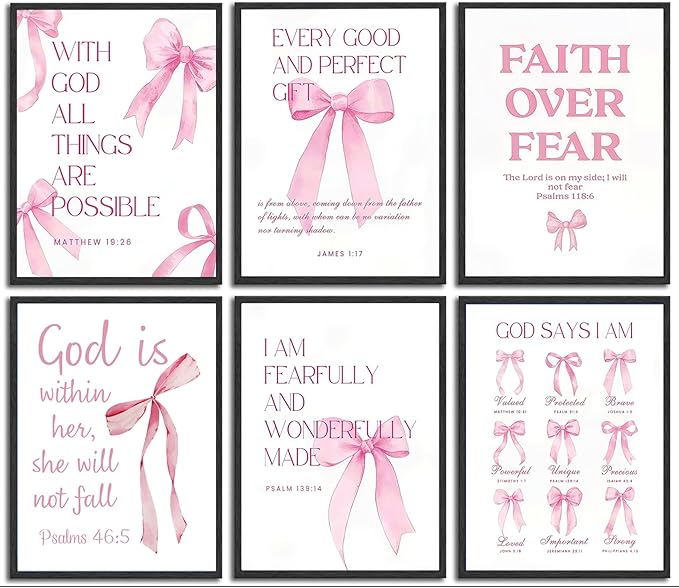 6Pcs Pink Christian Wall Art Inspirational Verse Posters Print Cute Coquette Bow Canvas Pictures for Girls Room Dorm Bathroom Bedroom Wall Decor 8x10In Unframed