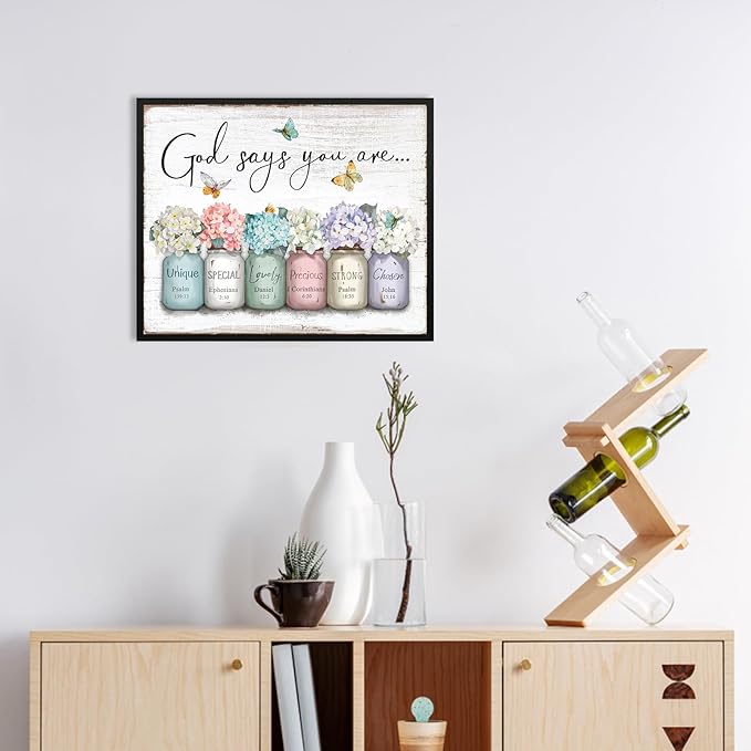 God Says You Are Wall Art: Inspirational Quotes Christian Wall Art Bible Verses Wall Decor Religious Gifts for Women Girls,Hydrangea Flower in Mason Jar Picture Poster Bedroom Decor 16"x20"
