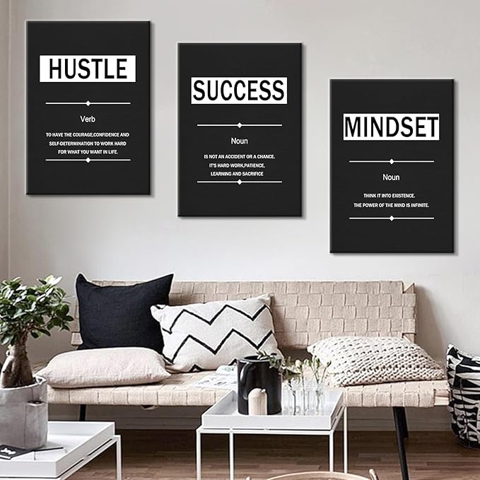 3 Pieces Inspirational Posters Wall Art Motivational Mindset Success Hustle Quotes Print on Canvas Positive Energy Painting for Modern Home Living Room Gym School Artwork Ready to Hang [60''Wx28''H]