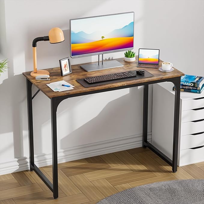 Computer Desk, 39 Inch Office Desk with Metal Frame, Home Office Desk, Modern Simple Style for Small Space Home Office, Living Room, Bedroom, Brown