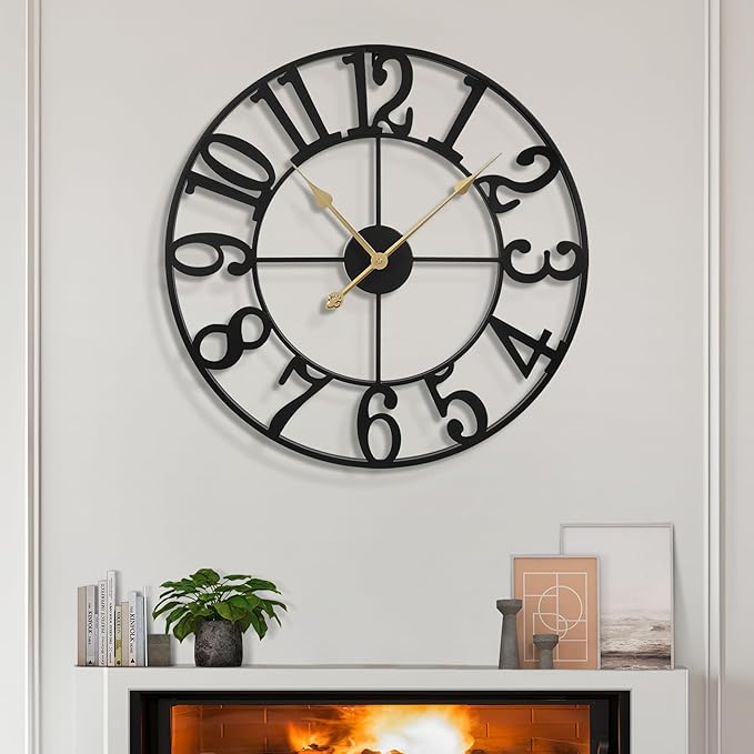 LEIKE Large Wall Clocks,Silent,Non Ticking,Battery Operated Small Vintage Round Modern Metal Wall Clock for Living Room, Bedroom,Kitchen,Farmhouse,Office Decor-13.5 Inch(Black-Arabic Number)