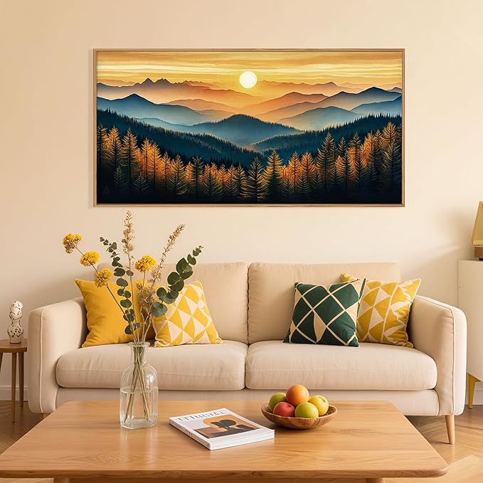 BICERE Large Abstract Sunrise Mountain Framed Canvas Wall Art,Boho Nature Forest Wall Decor,Foggy Pine Tree Wall Painting,Retro Landscape Artwork for Living Room,Bedroom,Dining Room,Office - 20"x40"x1