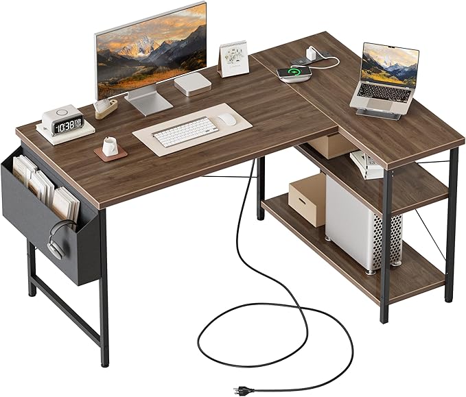 Mericonia Small L Shaped Computer Desk with Power Outlets, Reversible Gaming Desk with Storage Shelves, Corner Gamer Desk Table, Study Writing Table