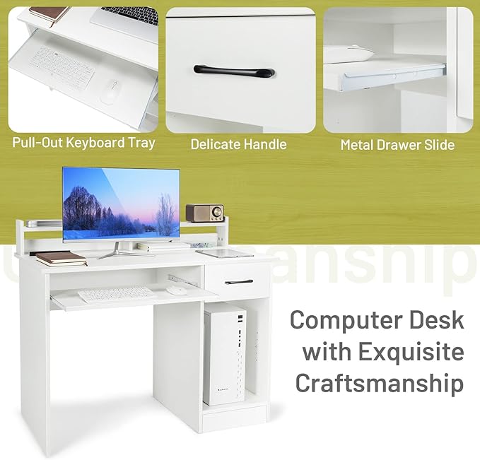 IFANNY Wooden Computer Desk, White Home Office Desk w/Drawers, Keyboard Tray, Open Shelves & Monitor Stand, Modern Writing Desk, Compact Computer Desk for Small Spaces (White)