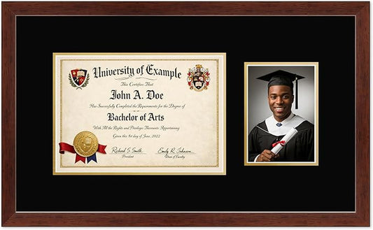CountryArtHouse Fits 11.69 x 8.27 A4 Certificate and 5 x 7 Photo Diploma and Photo Frame Rustic Walnut Genuine Hardwood with Black Over Metallic Gold Double mat