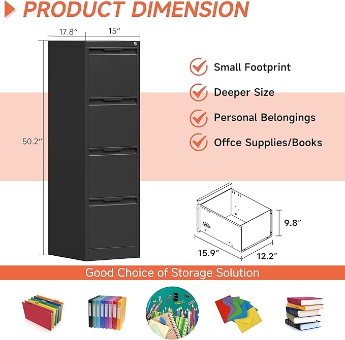 4 Drawer File Cabinet,Metal Vertical File Storage Cabinet with Lock,Filing Cabinets for Home Office,A4 Legal/Letter-Assembly Required/Black