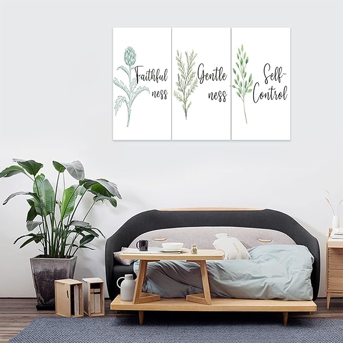 3 Piece Inspirational Wall Art, White Plant Background Picture, Quote "Faithfulness Gentleness Self-control" Canvas Print for Home Decor, Stretched And Framed Artwork for School Wall Decor(36"Wx18" H)