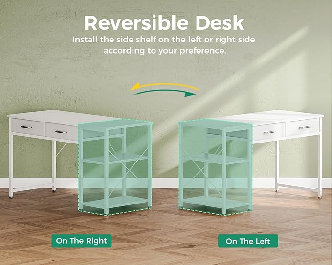 Coleshome Small Computer Desk with Drawers, 40 Inch Reversible Home Office Desk with Storage Shelves, Study Laptop Vanity Table for Bedroom Small Space, White
