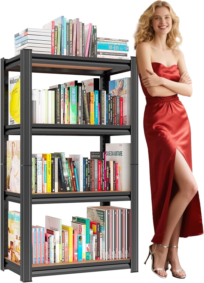 24"W Steel and Wood Book Shelf, 4 Tier Metal Bookcase, 1200LBS Display Shelving, Adjustable Utility Shelf Organizere, Standing Storage Shelves for Study, Bedroom, Living Room and Home Office, Black