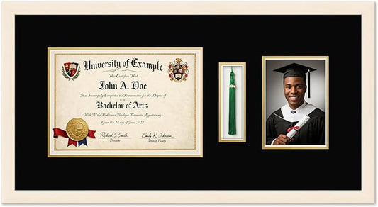 CountryArtHouse Diploma Tassel and Photo Shadowbox Fits 11.69 x 8.27 A4 Certificate with Tassel H Coastal Whitewash Genuine Hardwood with Black Over Metallic Gold Double mat