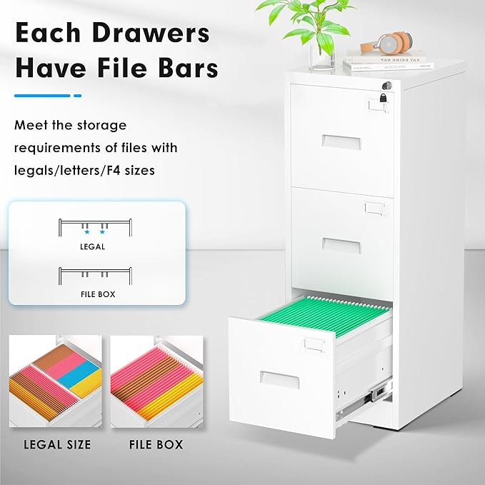 Greenvelly Metal 3 Drawer File Cabinet, Vertical File Cabinet with Lock, Locking Filing Cabinets for Home Office, Letter/Legal/A4/F4 Size/Anti-Tip (White)