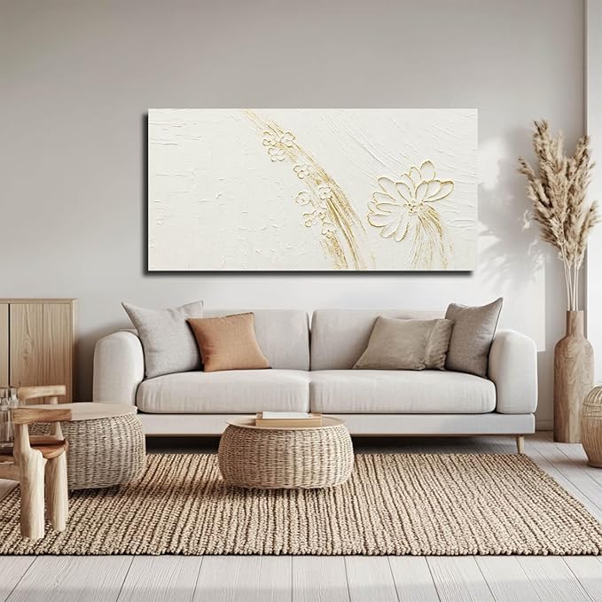 VAYIMDH White Paintings Texture Wall Art Canvas Pictures Gold Hand Drawn Arts Beautiful Floral Wall Decor for Home Office 24"x48"