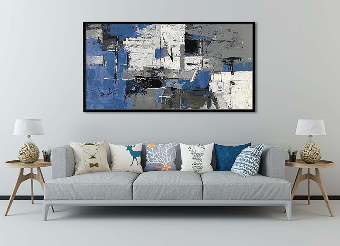 Blue Abstract Canvas Wall Art - Large Textured Wall Art Paintings for Living Room, Modern Blue and Black Artwork Gray Pictures for Bedroom Office Wall Decor 24" x 48"(Framed)
