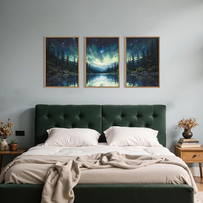 HOURIA Luminous Northern Lights Forest Lake Framed Canvas Wall Art Set,Starry Nordic Aurora Borealis Mountain Scenery Decor,Wilderness Pine Tree Reflection Artwork for Living Room,Farmhouse-16 x24 x3