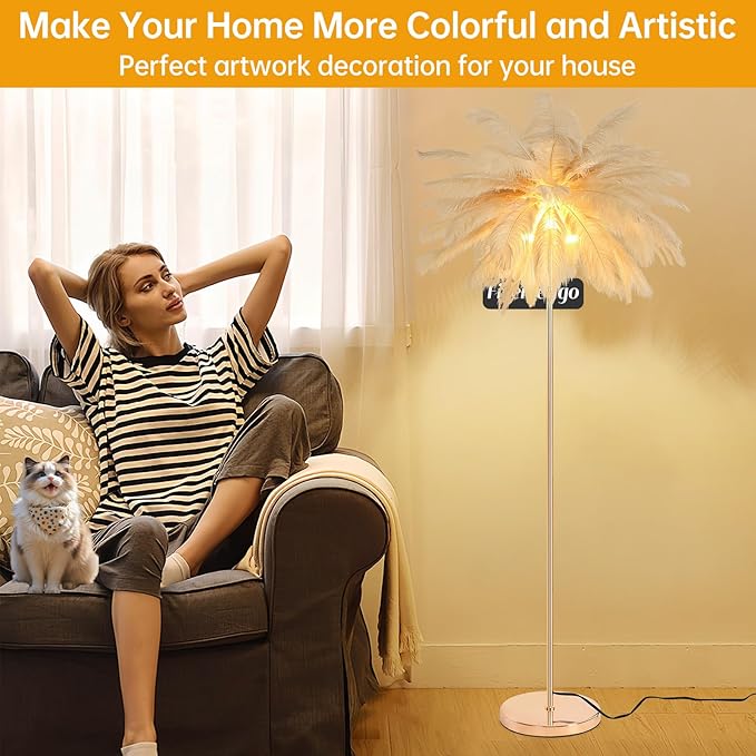 Feather Floor Lamp for Living Room, Fluffy Ostrich Feathers Lamp, Rose Gold Color Body, 3 Color Temperatures Modern Funky Arc Tall Standing Lamp for Bedroom Inclued Bright LED Bulbs (Khaki)